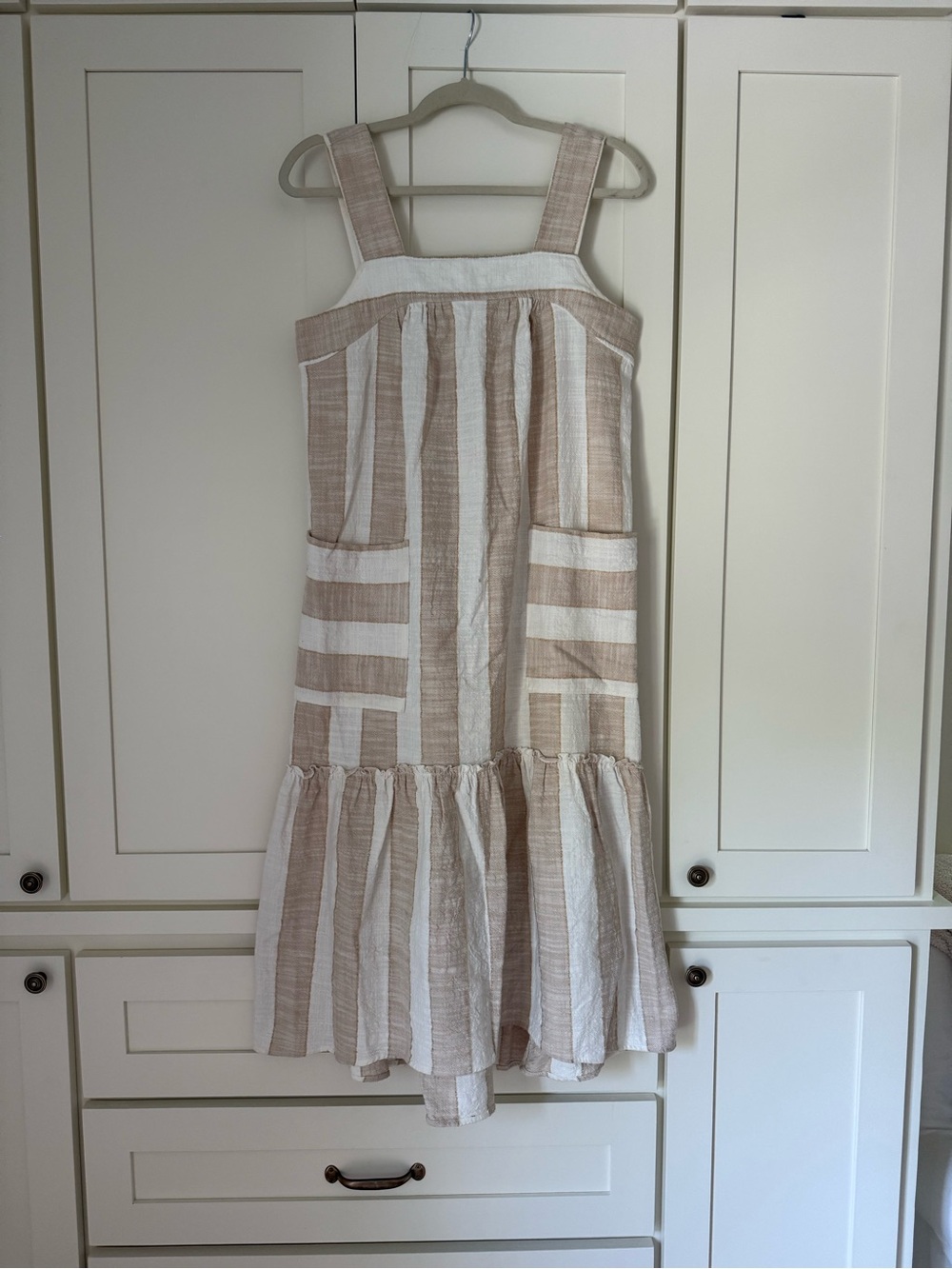 Anthropologie Beige and White Striped Midi Dress